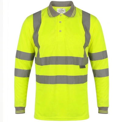 Hi Viz High Visibility Long Sleeve Polo Shirts with Grey Collar and Hem Reflective Tape Safety Hi Vis Security Work Breathable Lightweight Workwear Tops (Large, Yellow)