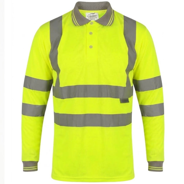 Hi Viz High Visibility Long Sleeve Polo Shirts with Grey Collar and Hem Reflective Tape Safety Hi Vis Security Work Breathable Lightweight Workwear Tops (Large, Yellow)