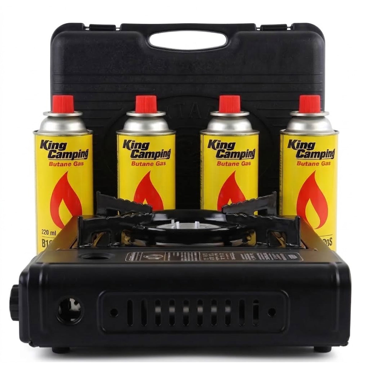 B2C Butane Stove Portable Cooker in Carry Case 2 4 8 12 Gas Bottles Camping BBQ Kit Gas Camping Stove with Automatic Ignition & Heat Control (Gas Stove + 4 Butane Cans), Black (MANIEKSTOVE)