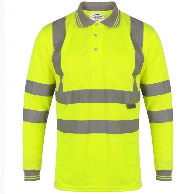 Hi Viz High Visibility Long Sleeve Polo Shirts with Grey Collar and Hem Reflective Tape Safety Hi Vis Security Work Breathable Lightweight Workwear Tops (Large, Yellow)